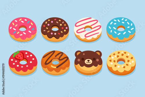 Set of eight colorful glazed donuts with various toppings like sprinkles, chocolate, strawberry, and a cute bear shape, isolated on a light blue background, flat vector illustration graphics.