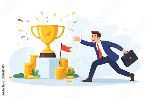 Businessman in a Professional Suit Running Towards a Large Golden Trophy on a Pedestal with Stacks of Gold Coins and Confetti, Symbolizing Success, Achievement, Motivation, and Reaching Business