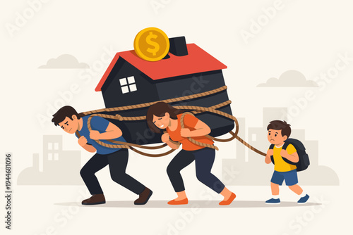 Family Carrying Heavy House with Dollar Coin Representing Mortgage Debt and Financial Burden, Flat Vector Illustration of Parents and Child Struggling with Real Estate Costs and Loans