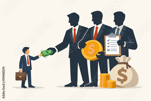 Small Business Owner Paying Cash to Large Creditors and Investors. Flat Vector Illustration of Financial Debt Repayment, Loan Settlement, and Business Funding Obligations with Money Bags and Coins.