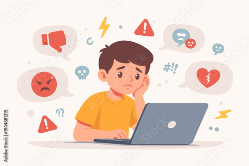 Sad Boy Sitting at Laptop Feeling Depressed and Overwhelmed by Negative Feedback, Cyberbullying, and Hateful Comments on Social Media, Vector Illustration of Online Harassment and Mental Health