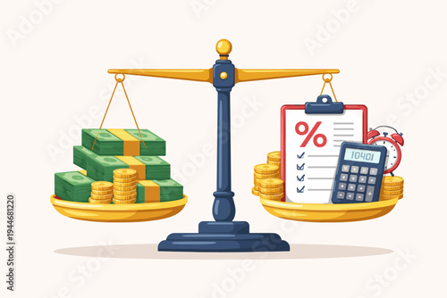Financial Balance Concept Vector Illustration Featuring a Scale Weighing Money and Gold Coins Against a Tax Clipboard, Calculator, and Alarm Clock for Budgeting, Debt, and Investment Management.