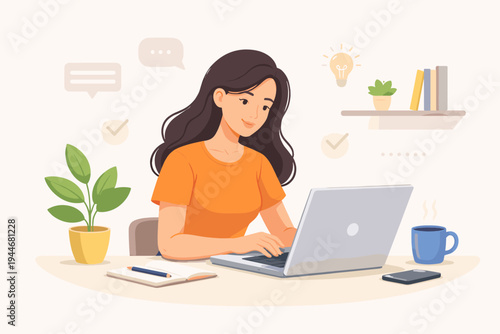 Flat Vector Illustration of a Young Woman Working on a Laptop at Her Desk in a Home Office, Productive Freelancer or Student Studying Online with Coffee, Plants, and Creative Idea Icons