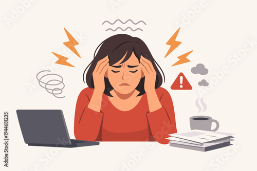 Flat vector illustration of a stressed woman suffering from a headache and burnout at her desk with a laptop, representing mental health, work pressure, migraine, anxiety, and exhaustion.