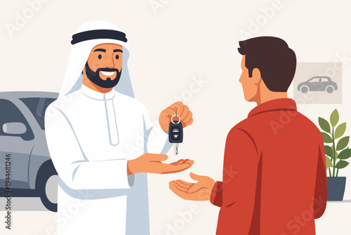 Arab Salesman in Traditional Thobe Giving Car Keys to a Customer in a Showroom, Flat Vector Illustration of Middle Eastern Automobile Representative Handing Over Vehicle Key to New Owner at