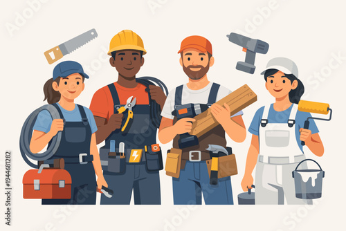 Professional Team of Home Repair and Construction Services Workers with Tools, Diverse Handyman and Contractor Group for House Renovation and Maintenance, Simple Flat Vector Illustration Design
