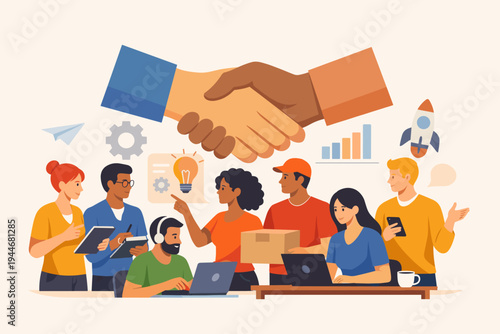 Diverse team of entrepreneurs and freelancers collaborating on projects with a large handshake background, symbolizing business partnership, startup innovation, teamwork, and professional growth.