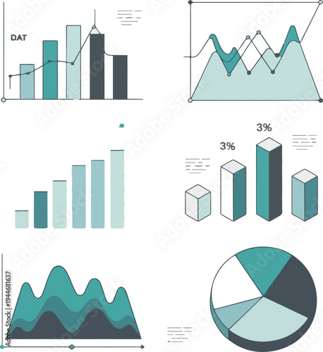 Set of business icons with graphs charts and financial growth data illustration in vector style showing market statistics and city finance concept