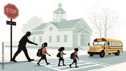 School bus stopping for children crossing street at crosswalk with adult and stop sign with crossing guard with school building with back to school with traffic safety