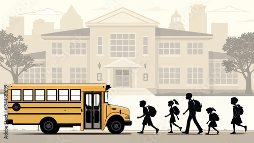 Children with backpacks walking to yellow school bus in front of educational building illustration with back to school with daily life with school day