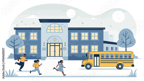 Stylized children running near yellow school bus in front of modern educational building with back to school with daily life
