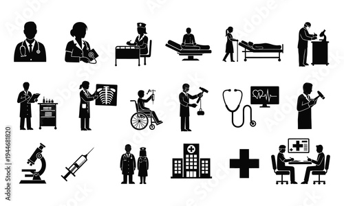 Medical icon set with doctor, patient and hospital silhouettes