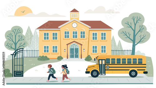 Children walking past school gate towards yellow bus at education building entrance with back to school with daily life