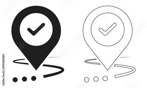 Map pointer with check mark and route black silhouette and outline icons for completed journey