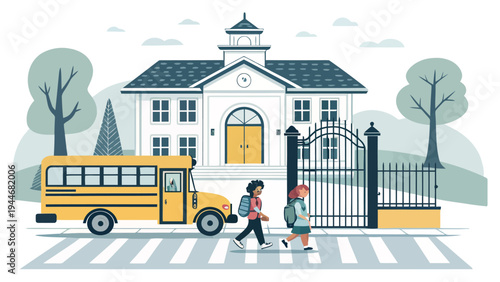 Children crossing street to school bus in front of modern school building with back to school