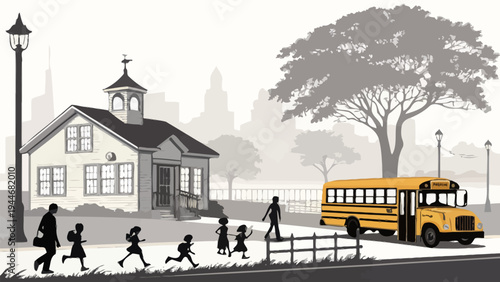 Kids with backpacks boarding yellow school bus outside traditional schoolhouse with back to school