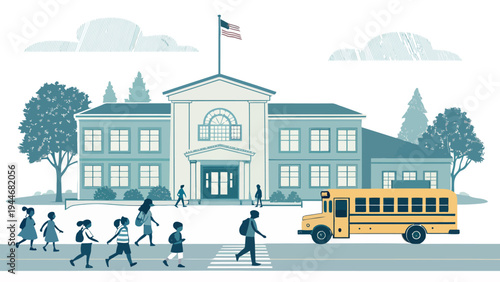 Children walk across crosswalk to school bus in front of american flag school with school building with back to school