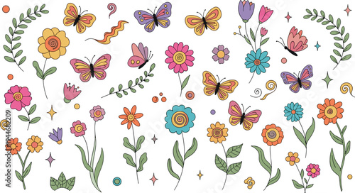 Retro groovy wildflower and butterfly vector set featuring colorful hand drawn floral blossoms and y2k aesthetic icons