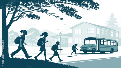 Children with backpacks walking towards school bus, silhouette style, back to school, public school