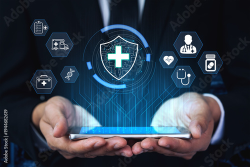 Canvastavla Hands Holding Smartphone with Digital Health Symbols and Medical Icons for Telemedicine and Health Technology Concepts Quark