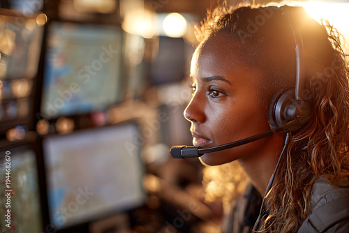 Focused woman wearing a headset working in a multi-screen operations center — customer support agent in a dimly lit, warm-lit command room