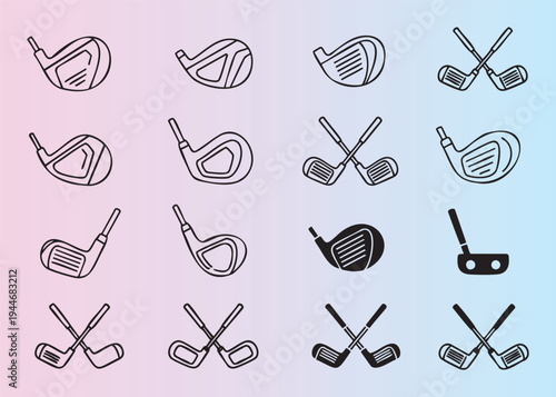 Assorted golf club icons in various styles and designs