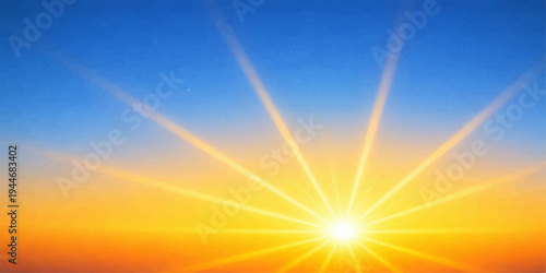 A bright summer sun bursts through the blue sky and orange clouds, casting radiant rays of light and a warm golden glow across a serene nature backdrop at sunrise