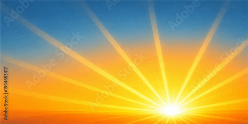 Bright rays of sunlight burst through summer clouds in a blue nature sky, creating a glowing orange flare of sunshine at sunrise