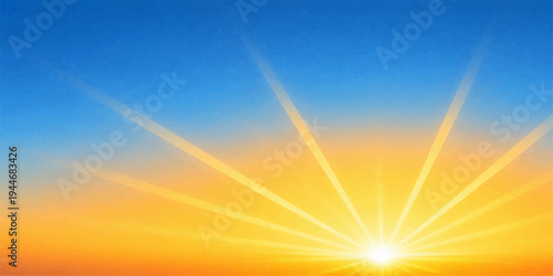 A bright summer sun bursts through white clouds in a blue sky, casting warm orange rays and a glowing flare over a natural heaven backdrop at sunrise