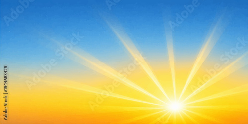 A bright summer sun shines through orange and blue clouds at sunrise, casting a glowing golden flare and radiant yellow rays across the heavenly nature sky