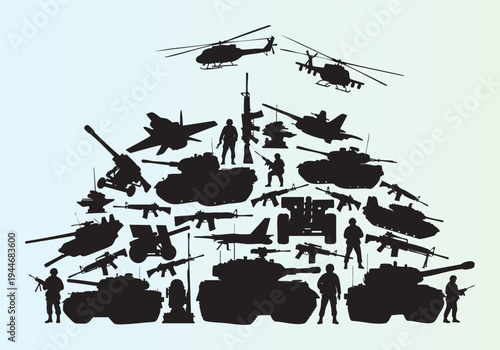 Military silhouettes with tanks helicopters and soldiers in action
