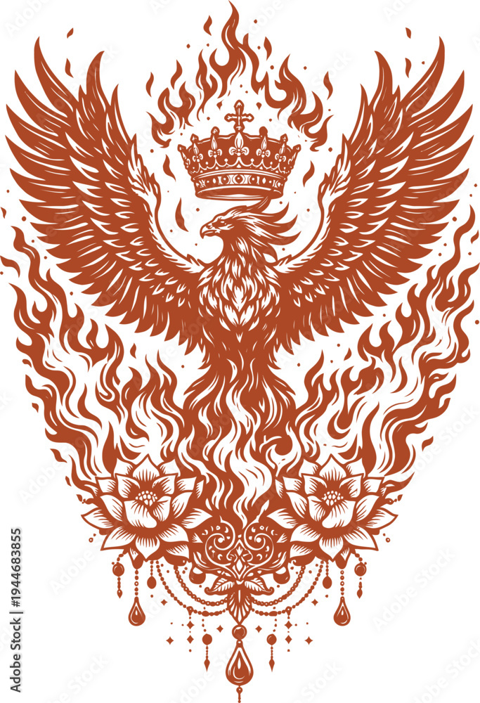 Obraz premium Crowned Phoenix Rising in Flames