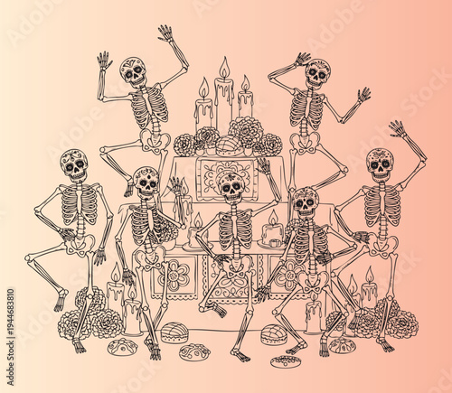 Whimsical dancing skeletons celebrating day of the dead with decorations and food