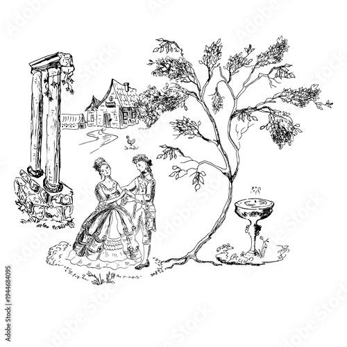 Pastoral gallantry scene toile de Jouy with a girl, a tree, a country house, an antique colonnade for wallpaper, textile.