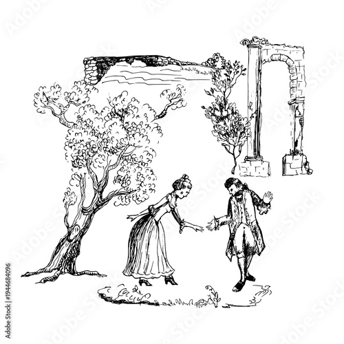 Pastoral gallantry scene toile de Jouy with a girl, a tree, a country house, an antique colonnade for wallpaper, textile.