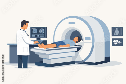 Professional Doctor Conducting Magnetic Resonance Imaging MRI Scan on Patient in a Modern Hospital, Advanced Medical Diagnostic Technology with Scanner and Monitor, Flat Vector Illustration