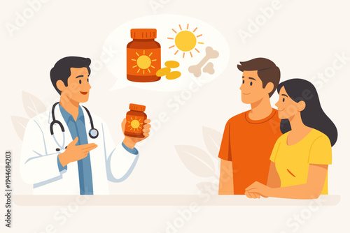 Professional male doctor in white lab coat advising a young couple about taking Vitamin D supplements for bone health, holding a pill bottle with sun icon, flat vector medical illustration.