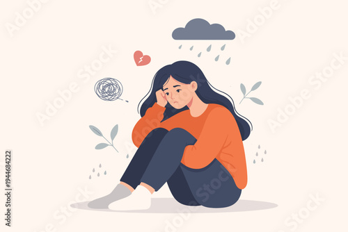 Sad Depressed Woman Sitting on Floor Hugging Knees with Rain Cloud Broken Heart and Tangled Thoughts Icons Representing Mental Health Anxiety Loneliness and Grief Flat Vector Illustration