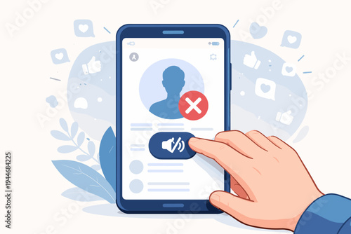 Vector Illustration of a Hand Muting Volume and Closing a Social Media Account on a Smartphone Screen, Representing Digital Detox, Privacy, Blocking Users, and Silencing Online Notifications.