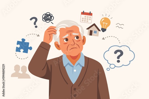 Senior Elderly Man Feeling Confused and Frustrated Experiencing Short Term Memory Loss Symptoms Like Forgetting Names Dates and Locations, Concept of Dementia Alzheimer's and Cognitive Decline