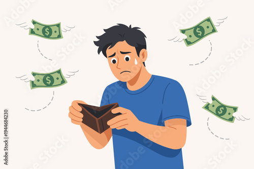 Stressed Man Looking at Empty Wallet with Flying Money Banknotes, Concept of Financial Crisis, Debt, Inflation, Overspending, and Poverty, Flat Vector Illustration of Broke Person Losing Cash.