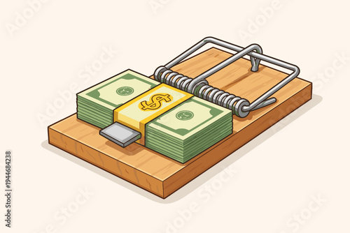 Vector illustration of a wooden mousetrap with a stack of green dollar bills as bait, symbolizing financial risk, greed, debt traps, monetary scams, and investment dangers on a light background.