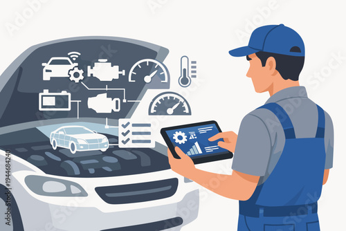 Professional auto mechanic in blue uniform using a digital tablet for smart car diagnostics and vehicle inspection with virtual user interface icons showing engine health, battery, and speed.