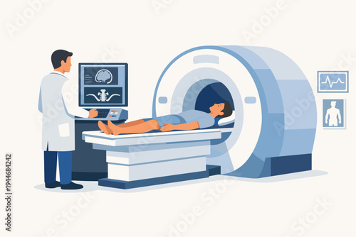 Doctor Conducting Magnetic Resonance Imaging MRI Studies on a Patient in a Hospital Clinic. Professional Medical Worker Operating a CT Scanner Machine for Brain and Body Diagnosis Illustration.