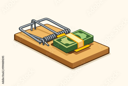 Simple flat vector illustration of a wooden mousetrap with a bundle of cash as bait, representing financial traps, debt, greed, investment risk, and monetary scams on a light background.