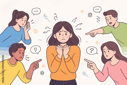 Anxious Woman Feeling Judged and Criticized by a Group of People Pointing Fingers and Whispering, Concept of Social Anxiety, Bullying, and Mental Health Pressure, Flat Vector Illustration