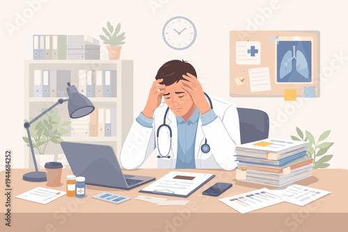 Stressed Overworked Male Doctor Sitting at Cluttered Desk in Office with Head in Hands, Exhausted Medical Professional Suffering from Burnout, Flat Vector Illustration of Healthcare Fatigue.