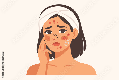 Young Woman with Facial Skin Problems, Acne, Pimples, Blackheads, and Redness Vector Illustration. Sad Girl Concerned about Dermatological Issues, Inflammation, and Blemishes on Face.