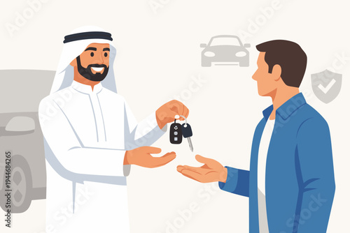 Arab car dealer in traditional thobe handing over keys to a customer at a dealership. Vector illustration of a car sale transaction, rental service, or automotive business in the Middle East.