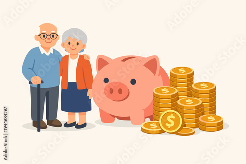 Vector illustration of an elderly couple standing next to a large pink piggy bank and stacks of gold dollar coins, representing retirement savings, financial planning, pension fund, and wealth.